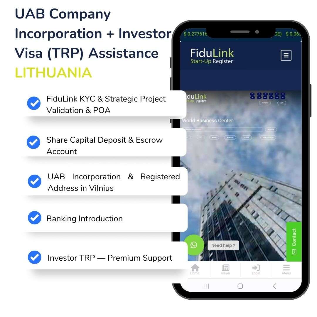 リトアニア | リトアニアにおけるUAB社の設立 + 投資家ビザ（TRP）2件の